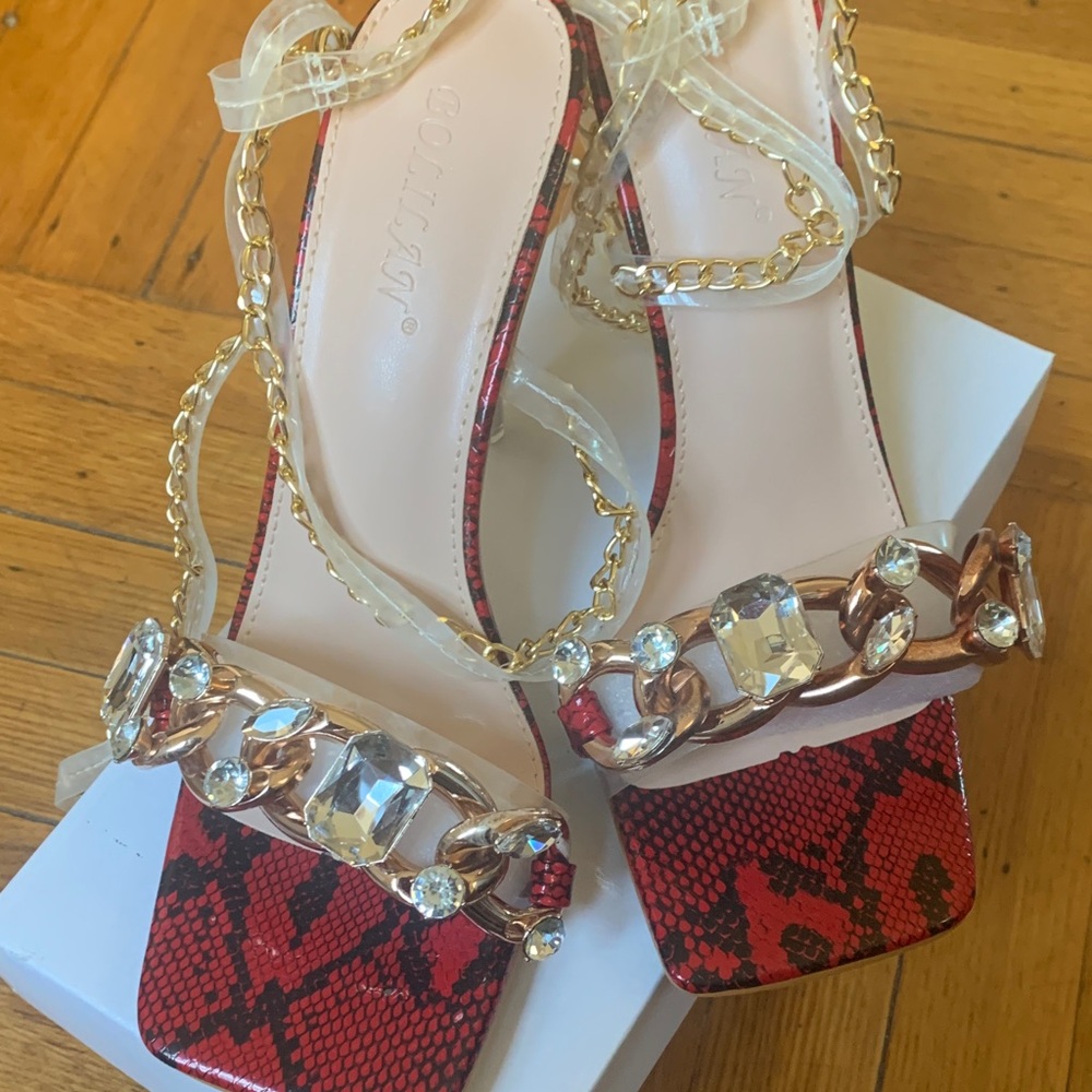 Red Snake Print Jeweled Women's Sandals